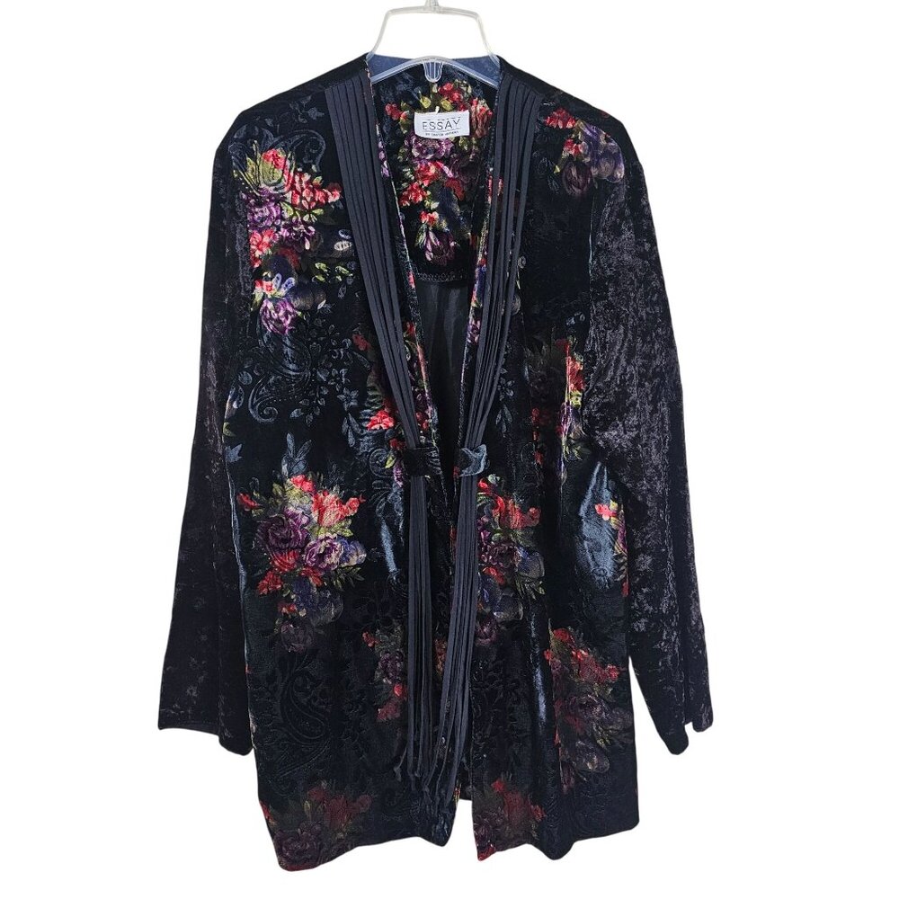 Floral Velvet Blazer Jacket in Black with Multicolor Print